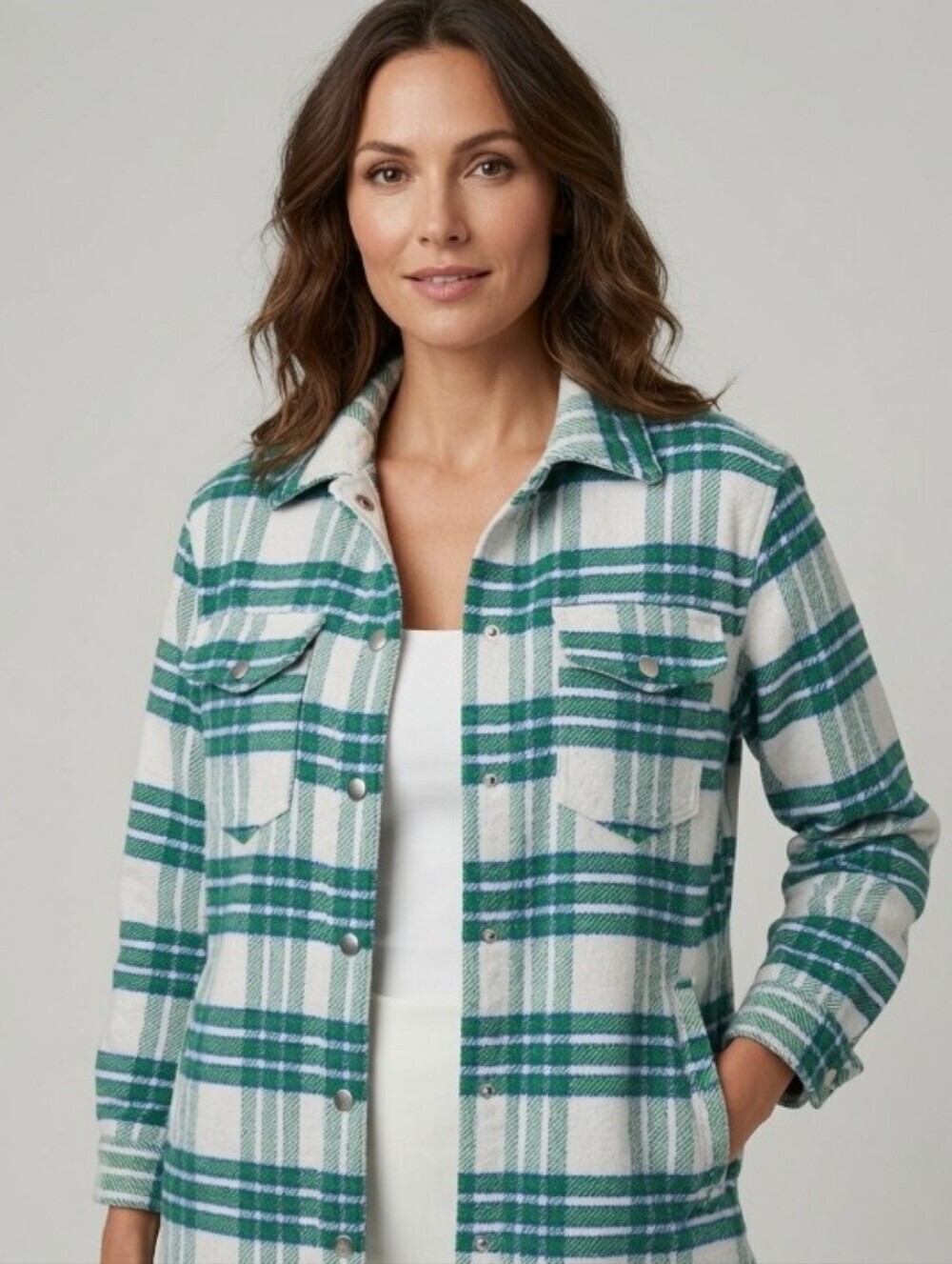 Joie Green & Blue Flannel Plaid Button-Up Shacket Shirt Jacket